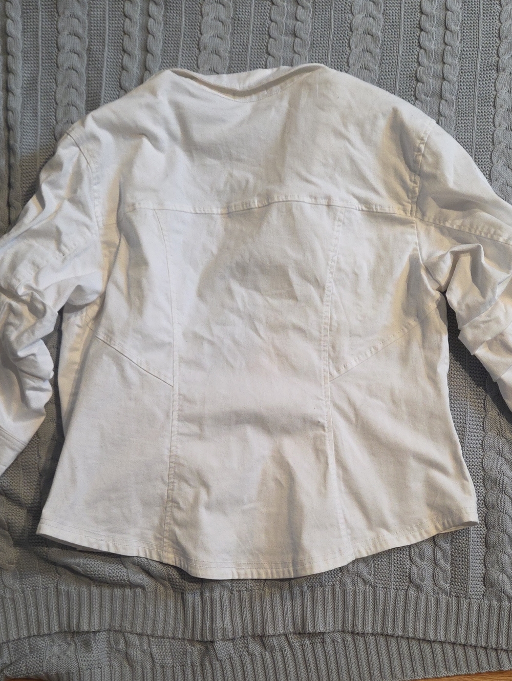 Democracy 3/4 Ruched Sleeve Button Up White Denim Jacket Top Optic White Medium - Picture 8 of 8
